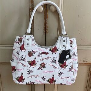 NWT Ed Hardy White Floral Skull Shoulder Bag